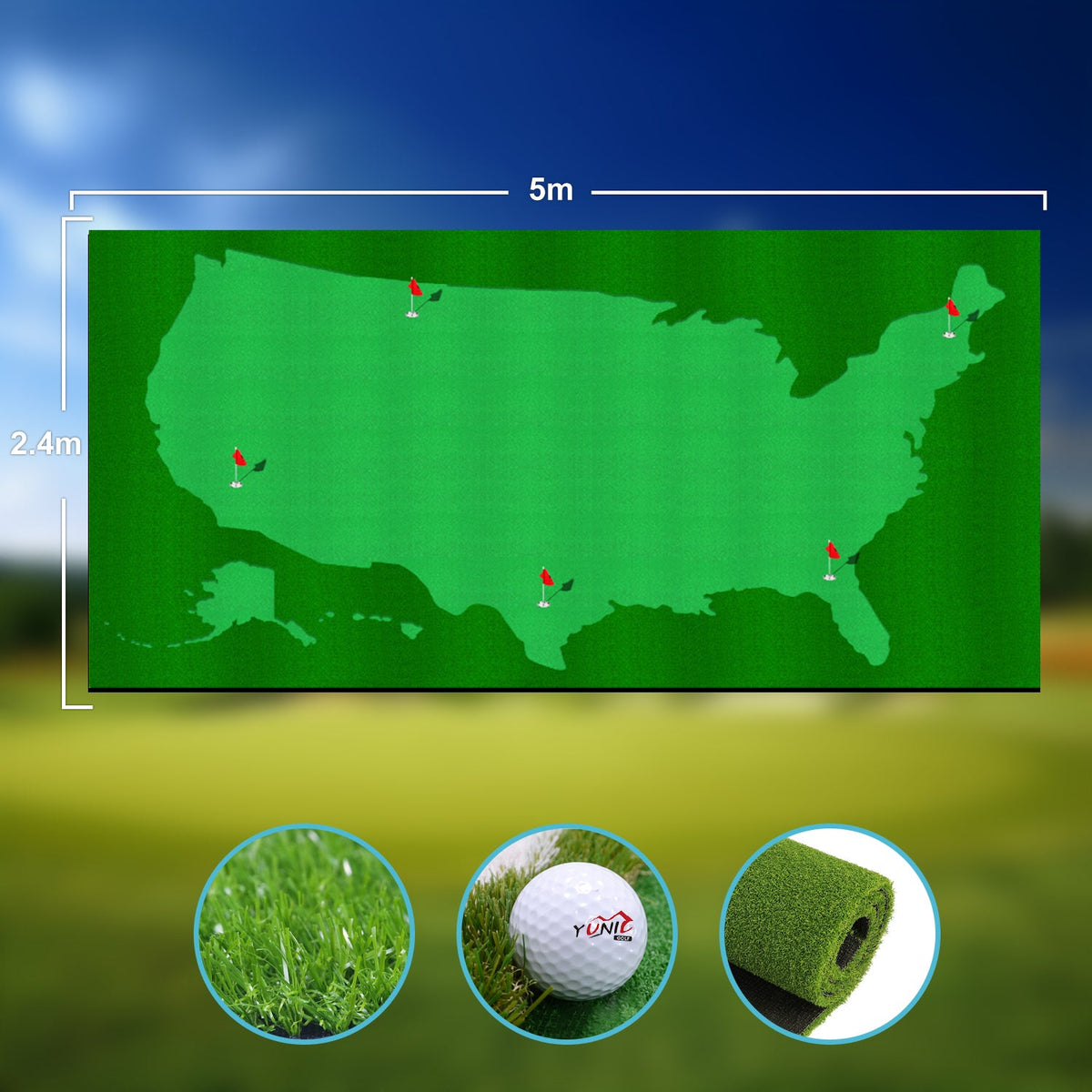 Yunic US Map Putting Green with Slope - 8 x 16 or 10 x 16 ft
