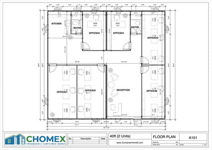 40' Double Expandable Modular Office Complex | 6 Private Offices, Reception, Kitchen & 2 Bathrooms | 1550 SF