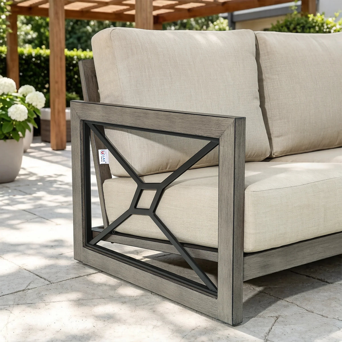 Marindo 8-Person Faux-Wood Aluminum Swivel Patio Outdoor Salon with Fire Pit Table