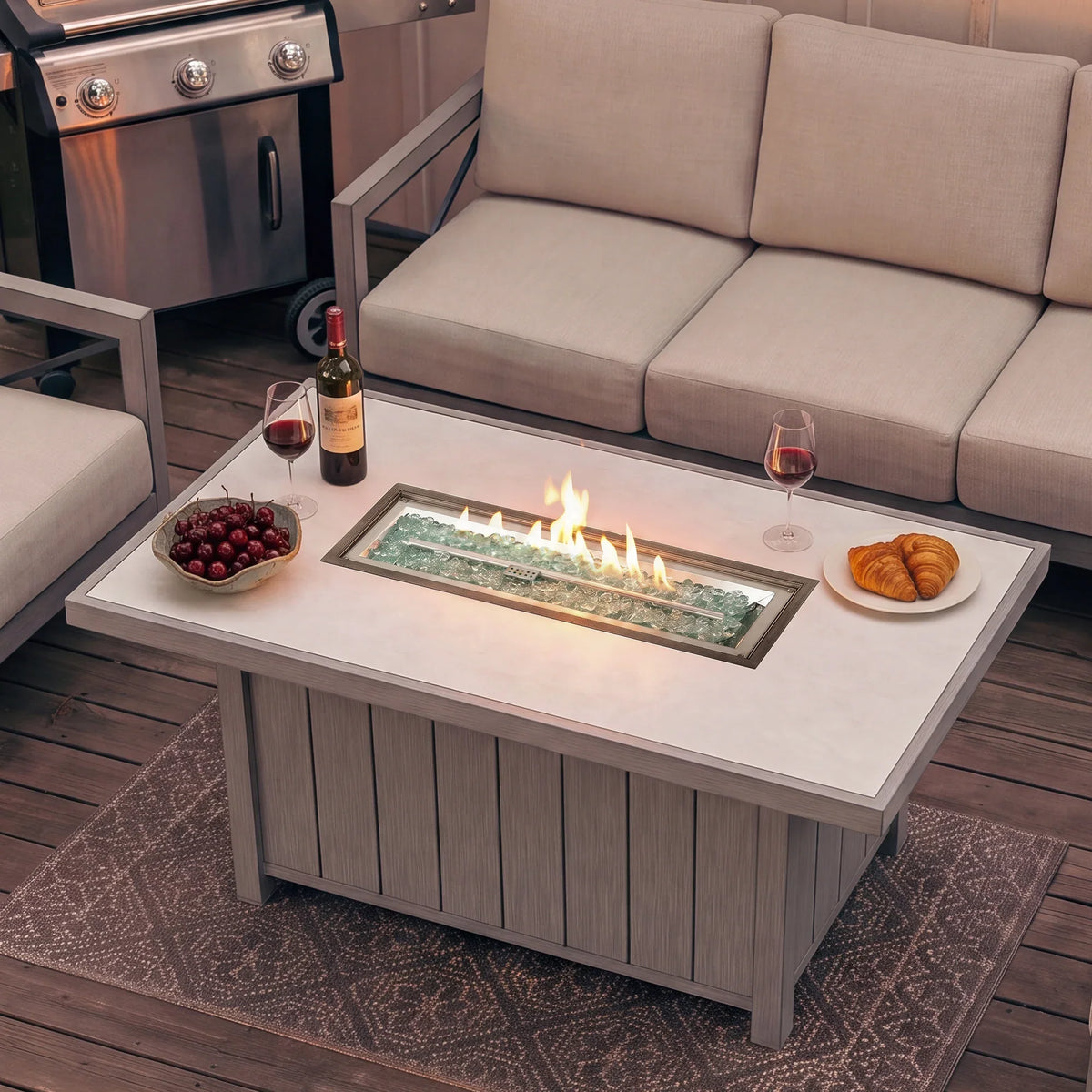Marindo 6-Piece Faux-Wood Aluminum Swivel Patio Deep Seating Set with Fire Pit Table