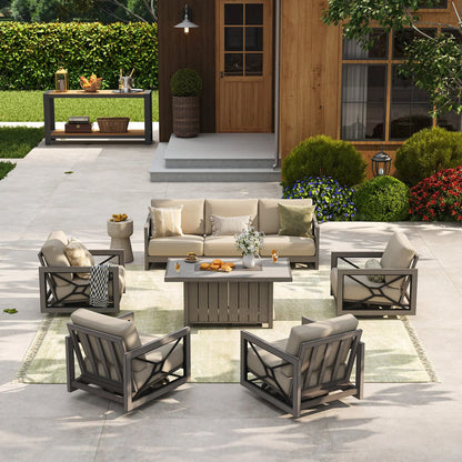 Marindo 6-Piece Faux-Wood Aluminum Swivel Patio Deep Seating Set with Fire Pit Table