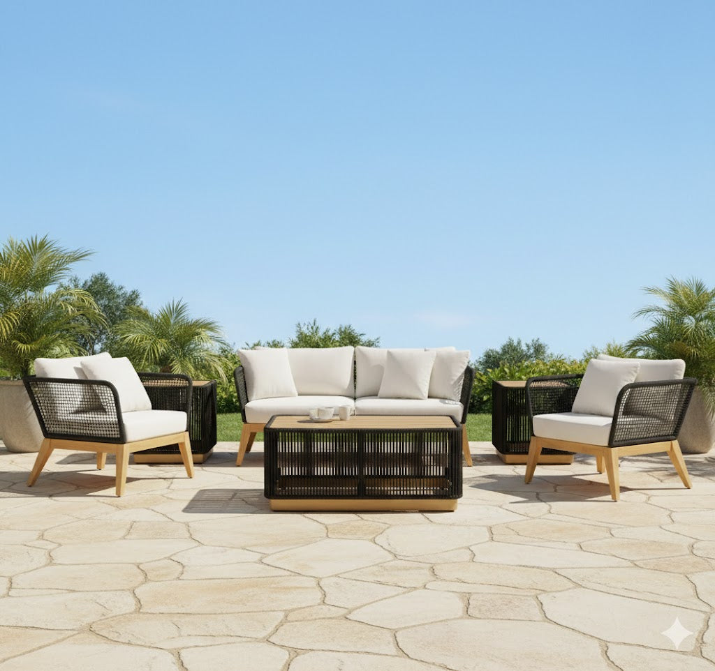 Crafters and Weavers Cypress Teak Outdoor Sofa Set - Black Rope