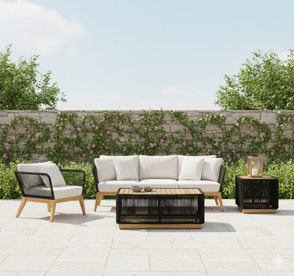 Crafters and Weavers Cypress Teak Outdoor Sofa Set - Black Rope